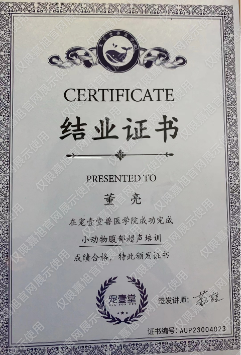 宠壹堂兽医学院小动物腹部超声培训结业证书